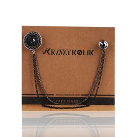 Kravatkolik YI213 Siyah Hematit Taşlı Zincirli Yaka İğnesi