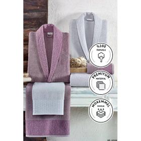 Kristal Dream Gri Leylak Jakarlı 6 Parça Aile Bornoz Takımı