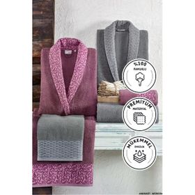 Kristal Dream Jakarlı 6 Parça Antrasit Mürdüm Aile Bornoz Takımı