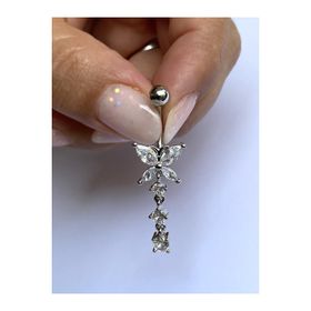 Kurukafagift Çelik Göbek Kelebek Zirkon Taşlı Sallantılı Üç Sıralı Piercing