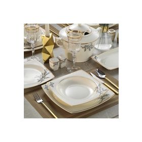Kütahya Porselen Bone Mare 12 Kişilik 62 Parça Kare Gold Yemek Takımı