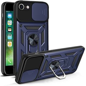Kvy iPhone 7 Uyumlu Kılıf Ultra Korumalı Yüzüklü Manyetik Sürgülü Vega Lacivert Kapak