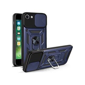 Kvy iPhone 7 Uyumlu Kılıf Ultra Korumalı Yüzüklü Manyetik Sürgülü Vega Lacivert Kapak