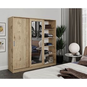 Kzn Home 3 Kapaklı Sürgülü Aynalı Tamamı Meşe Mdf Gardrop