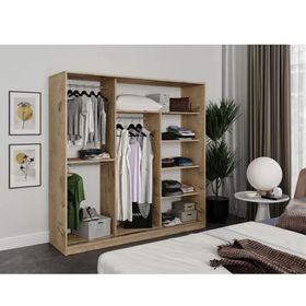 Kzn Home 3 Kapaklı Sürgülü Aynalı Tamamı Meşe Mdf Gardrop