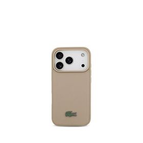 Lacoste iPhone 17 Pro Pike Desenli Metal Logolu Kartlıklı Magsafe Bej Uyumlu Telefon Kılıfı