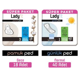 Ladyfit 18'li Gece Pamuk Ped+40 Adet Süper Normal Günlük Ped