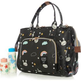 Lal Baby Baggage Bag Tavşan Desenli Siyah Omuz Askılı Anne Bebek Bakım Çantası
