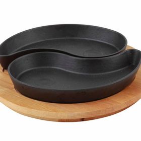Lava 10x20 CM 2li Siyah Döküm Damla Formlu Yingyang Fajita Tabağı Kayın Servis Ahşabı