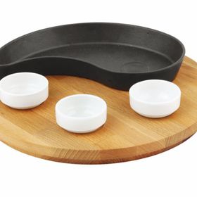 Lava 10x20 cm Siyah Döküm Damla Formlu Yingyang Fajita Tabağı Kayın Servis Ahşabı