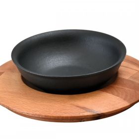 Lava 14 cm Siyah Döküm Yuvarlak Çorba Kasesi ve Kayın Servis Ahşabı