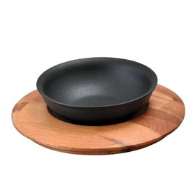 Lava 14 cm Siyah Döküm Yuvarlak Çorba Kasesi ve Kayın Servis Ahşabı