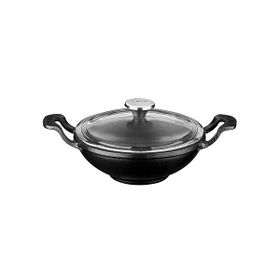 Lava 16 CM Siyah Yekpare Kulplu Cam Kapaklı Döküm Mini Wok