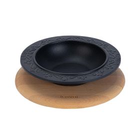 Lava 19 cm Siyah Döküm Yuvarlak Çorba Kasesi Kayın Servis Ahşabı