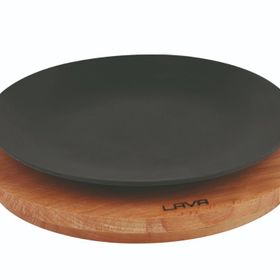 Lava 21 cm Siyah Döküm Yuvarlak Servis Tabağı ve Kayın Servis Ahşabı