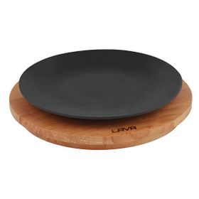 Lava 21 cm Siyah Döküm Yuvarlak Servis Tabağı ve Kayın Servis Ahşabı