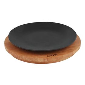 Lava 25 cm Siyah Döküm Yuvarlak Servis Tabağı ve Kayın Servis Ahşabı