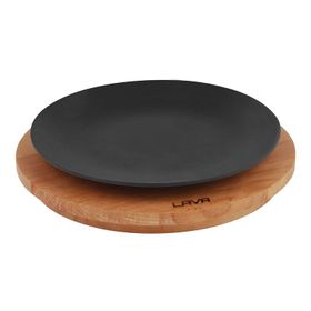 Lava 25 cm Siyah Döküm Yuvarlak Servis Tabağı ve Kayın Servis Ahşabı