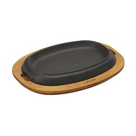 Lava 26x19 cm Siyah Döküm Oval Fajita Tabağı Kayın Servis Ahşabı