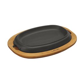 Lava 26x19 cm Siyah Döküm Oval Fajita Tabağı Kayın Servis Ahşabı