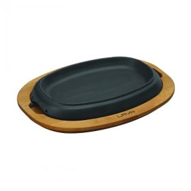 Lava 26x19 cm Siyah Döküm Oval Fajita Tabağı Kayın Servis Ahşabı