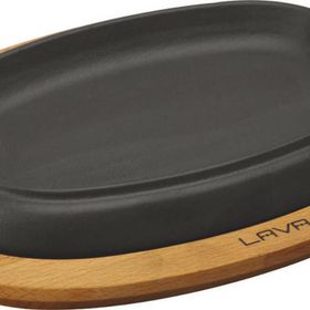 Lava 26x19 cm Siyah Döküm Oval Fajita Tabağı Kayın Servis Ahşabı