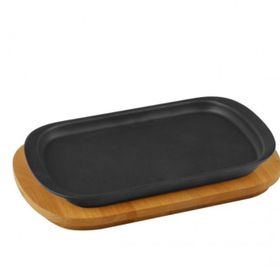 Lava 32x20 cm Siyah Döküm Dikdörtgen Servis Tabağı ve Kayın Servis Ahşabı