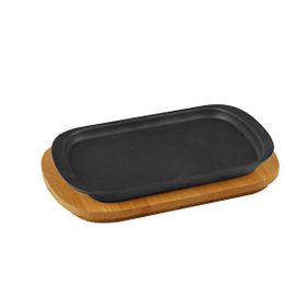 Lava 32x20 cm Siyah Döküm Dikdörtgen Servis Tabağı ve Kayın Servis Ahşabı