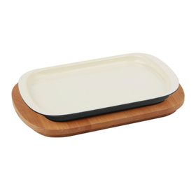 Lava 32x20 cm Siyah Döküm Dikdörtgen Servis Tabağı ve Kayın Servis Ahşabı