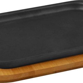 Lava 32x20 cm Siyah Döküm Dikdörtgen Servis Tabağı ve Kayın Servis Ahşabı