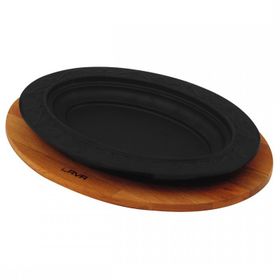 Lava 32x23 cm Siyah Döküm Oval Döner Kebap Tabağı Kayın Servis Ahşabı