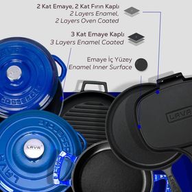 Lava 6x Trendy Serisi 9 Parça Mavi Döküm Tencere Tava Seti