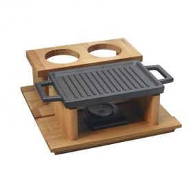 Lava Döküm 22x15 CM Dikdörtgen Çift Yön Izgara ve Düz Yüzey Hot Plate Kayın Servis Ahşabı