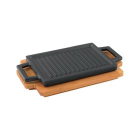 Lava Döküm 22x15 CM Dikdörtgen Çift Yön Izgara ve Düz Yüzey Hot Plate Kayın Servis Ahşabı