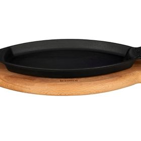 Lava Döküm Balık Tabağı Döküm Demir Yekpare Kulplu Ölçü 15x24 cm Siyah Kayın Servis Ahşabı