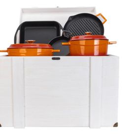 Lava Döküm Beyaz Turuncu Çeyiz Seti + Ahşap Sandık
