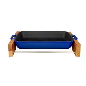 Lava Döküm Dikdörtgen Kayın Servis Ahşabı Döküm Demir Yekpare Çift Kulplu Ölçü 22x30 cm Mavi Rosto ve Fırın Tepsisi