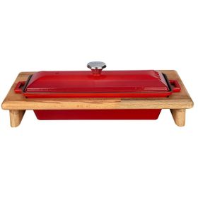 Lava Döküm Kırmızı 11x29 cm Ekmek Kabı ve Ahşap Standı