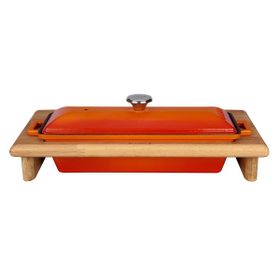 Lava Döküm Kırmızı 11x29 cm Ekmek Kabı ve Ahşap Standı