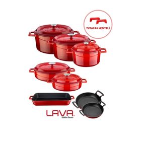 Lava Döküm Sekizli Tencere Tava Seti Trendy Kırmızı Silikon Tutacak Hediyeli