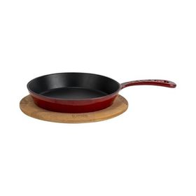 Lava Döküm Yekpare Saplı 20 CM Bordo Yuvarlak Kızartma Tavası Kayın Servis Ahşabı