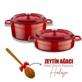 Lava Döküm Yuvarlak Derin ve Sığ 5 Parça Kırmızı Tencere Seti