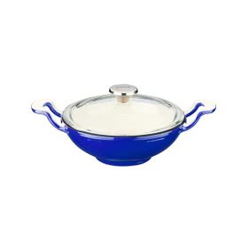 Lava Edition Serisi 16 cm Yekpare Kulplu Cam Kapaklı Döküm Mavi Mini Wok