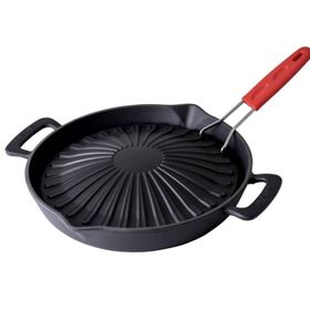 Lava Genghis Khan Serisi Çift Kulp ve Silikon Tel Saplı Çap 32 cm Siyah Döküm Yuvarlak Grill Izgara Tavası