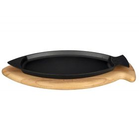Lava Metal Balık Formlu Kulplu ve Ahşap Altlıklı 20x32 cm Döküm Balık Tavası
