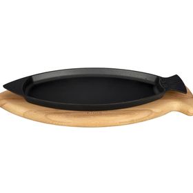 Lava Metal Balık Formlu Kulplu ve Ahşap Altlıklı 20x32 cm Döküm Balık Tavası