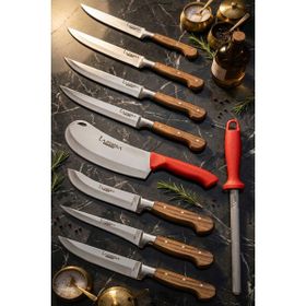 Lazbisa MFP-749 Ahşap Hand Craft Pro Serisi Mutfak 9 Parça Et Ekmek Sebze Salata Börek Pide Bıçak Set