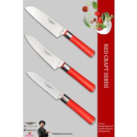 Lazbisa MFT-8476 Red Craft Serisi Mutfak Et Ekmek Şef Sebze Börek 3'lü Bıçak Set