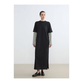 LC Waikiki Modest Siyah Bisiklet Yaka Çizgili Sweat Elbise