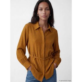 LC Waikiki Sarı Kemerli Oversize Armürlü Kadın Gömlek Tunik